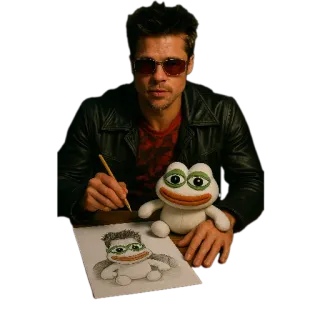🍲 d7647a52 Brad Pitt Brad Pitt, acteur, célébrité, portrait, Pepe, grenouille, dessin, art whatsapp sticker