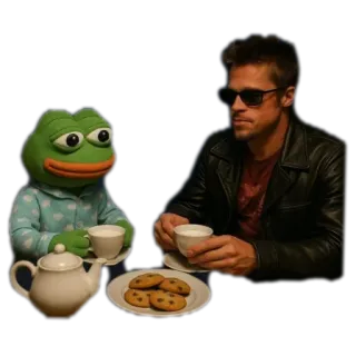 👍 de74dac4 Pepe la grenouille, Brad Pitt, thé, biscuits, marionnette, lunettes de soleil, mème, culture internet whatsapp sticker
