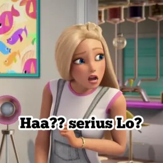 💗 dfc7bbf4 Haa?? serius Lo? บาร์บี้, การ์ตูน, ตกใจ, ผู้หญิง, ผมบลอนด์ telegram sticker
