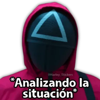 😀 f9cf7d86 *Analizando la situación* squid game, analyzing, situation, triangle, mask, red suit, harley stickers telegram sticker