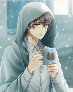 🍵 55716316 Аниме, Парень, Кофе, Кот, Толстовка whatsapp sticker