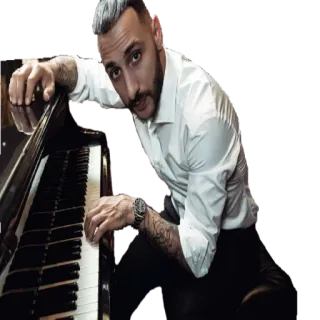 🎹 c07eeffa hombre, piano, música, músico, retrato, camisa blanca, tatuaje telegram sticker
