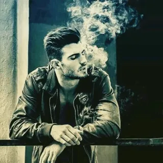 🚬 260cac0f man, roken, sigaret, leren jas, binnen, persoon, tabak, verslaving telegram sticker