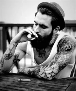 🚬 7fe8514c man, baard, hoed, sigaret, tatoeage, roken telegram sticker