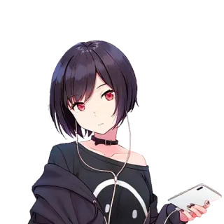 🌘 098af978 Anime-Mädchen, rote Augen, schwarze Haare, süß, Choker, Kopfhörer, Smartphone, Anime telegram sticker