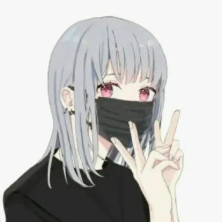✌️ 3ae36e9b Anime Mädchen, Maske, Friedenszeichen, graue Haare, pinke Augen, Cartoon, Mädchen telegram sticker