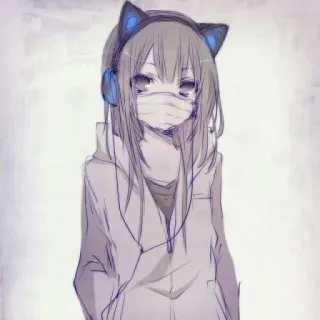 😍 d6120318 Anime Mädchen, Katzenohren, Kopfhörer, Maske, Süß, Manga telegram sticker