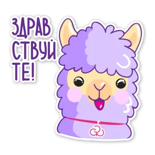 ☺️ 90ff5a59 ЗДРАВСТВУЙТЕ! lama, powitanie, kreskówka, słodki, fioletowy, zwierzę telegram sticker