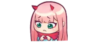 🥺 130f700e Zero Two Darling in the Franxx Anime, Sedih, Chibi, Rambut pink, Tanduk telegram sticker