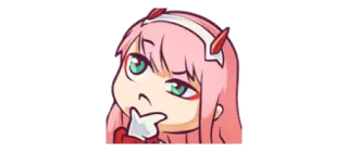 🤔 cb5abe5c Zero Two Darling in the Franxx Anime, Gadis, Rambut pink, Berpikir, Tanduk telegram sticker