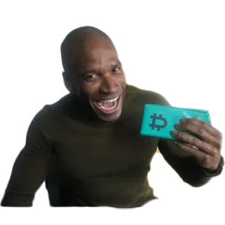 😆 8f2026fe uomo, bitcoin, portafoglio, criptovaluta, sorridente, che tiene telegram sticker