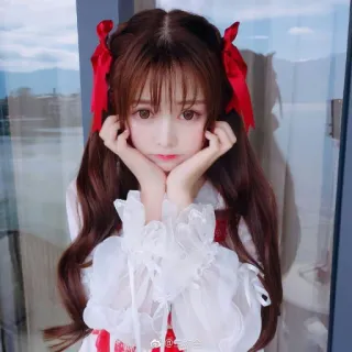 🧡 756f5c58 femme, fille, portrait, ruban rouge, cheveux longs, fenêtre, mignon, asiatique, style telegram sticker