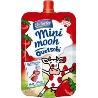🫥 bf9f26fa Mini mooh Quetschi 食べ物, いちご, 飲み物, パッケージ, 牛, デザート, フルーツ telegram sticker