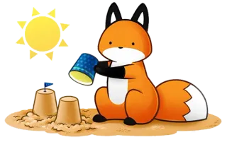 🙂 13a25655 volpe, sabbia, spiaggia, castello di sabbia, cartone animato, animale, estate, carino telegram sticker