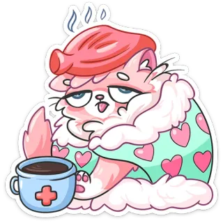 🤒 8bdeb57a cat, sick, tired, coffee, cute, cartoon, animal, ill telegram sticker