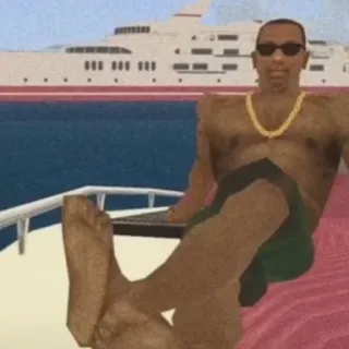 😎 ef9b6b46 CJ Grand Theft Auto: San Andreas cj, แกรนด์เธฟต์ออโต, วิดีโอเกม, แว่นกันแดด, ชายหาด, เรือยอชท์ telegram sticker