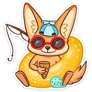 😎 b2352fa6 Fennec, Cartone animato, Estate, Gelato, Spiaggia, Carino, Galleggiante, Animale, Volpe del deserto telegram sticker