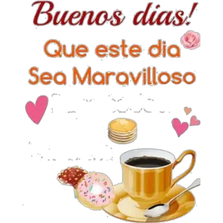 ☕ d0ccd275 Buenos dias!
Que este dia Sea Maravilloso 좋은 아침, 커피, 도넛, 팬케이크, 장미, 하트, 아침 식사, 스페인어 telegram sticker