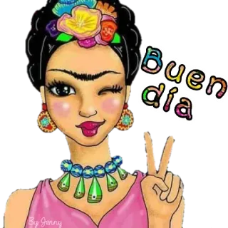 ☀️ efb9158d Buen dia 프리다 칼로, 윙크, 평화 기호, 꽃, 인사, 스페인어, 좋은 아침 telegram sticker