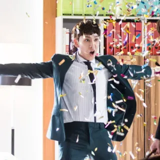 🎉 f844e5e4 庆祝, 彩带, 快乐, 男人, 成功, 办公室 telegram sticker