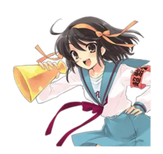 😬 87bd6176 Haruhi Suzumiya The Melancholy of Haruhi Suzumiya anime, character, school uniform, megaphone, girl, cartoon, japanese telegram sticker