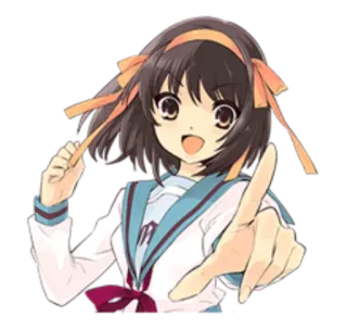 😄 e4d5e9f2 Haruhi Suzumiya The Melancholy of Haruhi Suzumiya anime, haruhi suzumiya, girl, school uniform, pointing, character telegram sticker