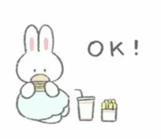 🤍 6479ad61 OK! กระต่าย, กระต่าย, เบอร์เกอร์, เฟรนช์ฟราย, โอเค, อาหาร telegram sticker