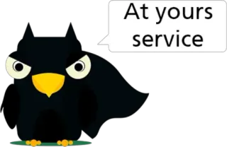 😈 38f08f1e At yours service птица, мультфильм, животное, приветствие, милый, сообщение telegram sticker