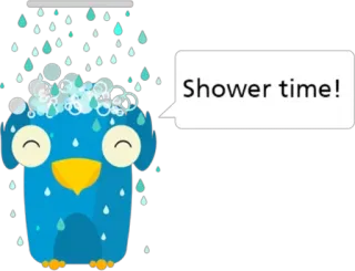 💦 6e71c5a4 Shower time! душ, сова, мультфильм, милый, синий, вода, пузыри, гигиена telegram sticker