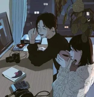 💕 627b326b Anime, Couple, Café, Fumeur, Cosy, Intérieur whatsapp sticker