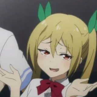 💿 d3a5957f アニメの女の子, ドヤ顔, 赤い目, 金髪, 葉, 不安, 肩をすくめる whatsapp sticker
