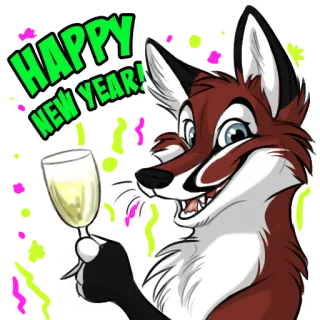 🍾 4c967565 HAPPY NEW YEAR! 狐狸, 卡通, 新年快乐, 庆祝, 问候, 动物, 香槟 telegram sticker