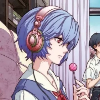 🌊 4334a14f Rei Ayanami Evangelion アニメ, ヘッドホン, 飴, 綾波レイ, エヴァンゲリオン, キャラクター, 赤い目, 青い髪 telegram sticker