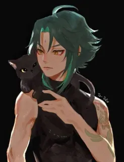 🌟 efc7c132 Xiao Xiao, Genshin Impact, anime, personage, videogame, zwarte kat telegram sticker