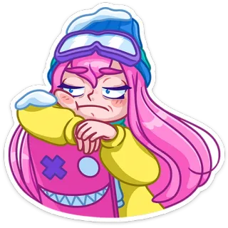 😒 6f68ed3d ผมสีชมพู, สโนว์บอร์ด, ฤดูหนาว, การ์ตูน, เบื่อ, หิมะ, แว่นกันหิมะ telegram sticker