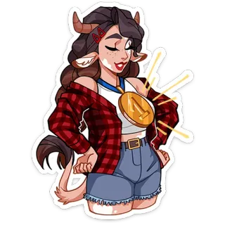 ⭐ 19390a48 минотавр, девушка, мультик, персонаж, медаль, фланель, джинсовые шорты telegram sticker