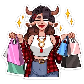 ⭐ 2c539eb2 стикер, женщина, зодиак, телец, сумки для покупок, астрология, мультфильм, персонаж telegram sticker
