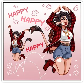 ⭐ 7734e373 HAPPY HAPPY HAPPY счастливый, мультфильм, персонаж, красный, корова, женский, девушка telegram sticker