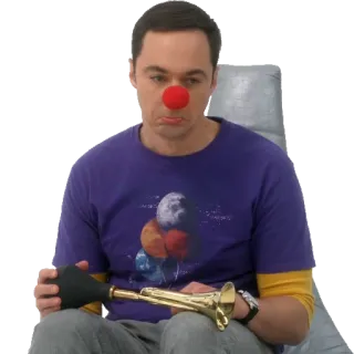 🙁 c8a3c3d8 Sheldon Cooper The Big Bang Theory payaso, triste, nariz roja, cuerno, programa TV, personaje telegram sticker