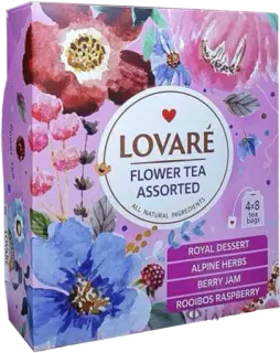 💐 f65622c9 LOVARÉ
FLOWER TEA
ASSORTED
ALL NATURAL INGREDIENTS
ROYAL DESSERT
ALPINE HERBS
BERRY JAM
4x8
bagi
ROOIBOS RASPBERRY tè, fiore, erbe, bevanda, floreale, dolce telegram sticker