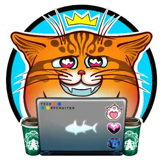 😀 5a328fc7 TECH RECRUITER cat, crown, laptop, recruiter, tech, coffee, sticker, cute telegram sticker