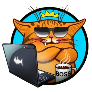 😎 837785de BOSS cat, boss, crown, sunglasses, laptop, coffee, animal, cartoon telegram sticker