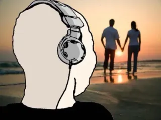 🎵 8b3e7069 wojak, loneliness, headphones, beach, couple, sunset telegram sticker