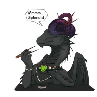 🐟 a445dc43 Mmmm... Splendid... Dragón, Sushi, Elegante, Sombrero, Collar de perlas, Comiendo, Monstruo telegram sticker