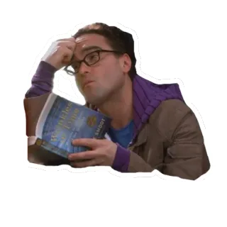 ๐ b5ef58d8 Leonard Hofstadter The Big Bang Theory tv, book, glasses, thinking telegram sticker