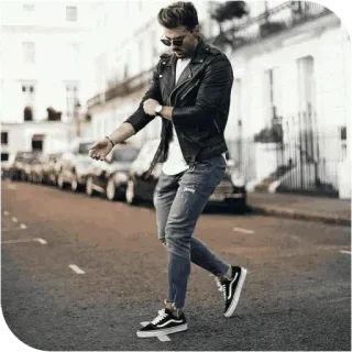 📎 ffbf5015 nam, thời trang, phong cách, thường ngày, thời trang đường phố, đô thị, áo khoác da, kính râm, quần jean telegram sticker