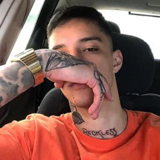 🌝 0d177602 Reckless pria, tato, ceroboh, potret, jam emas, kemeja oranye whatsapp sticker