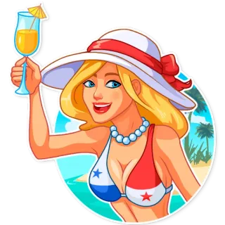 🇵🇦 4ea5490d ผู้หญิง, ชายหาด, ฤดูร้อน, ค็อกเทล, วันหยุด, หมวก, บิกินี, ผมบลอนด์ telegram sticker
