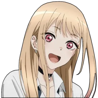 😁 ddb0b535 Marin Kitagawa My Dress-Up Darling Anime, Ragazza, Capelli biondi, Occhi rosa, Sorriso, Girocollo, Marin Kitagawa, My Dress-Up Darling telegram sticker