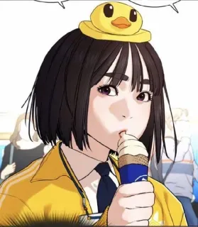 🍧 51870be8 vrouw, ijs, eend, geel jasje, anime stijl whatsapp sticker